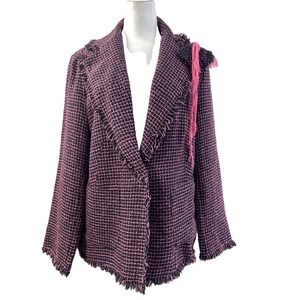 Silk Land Blazer Womens 1 X Large Purple Pink Tweed Fringed Boucle Jacket Casual